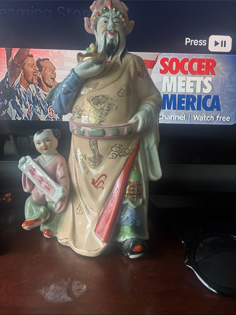 Porcelain Chinese Deity Figurine with Child - Pastel Multicolor